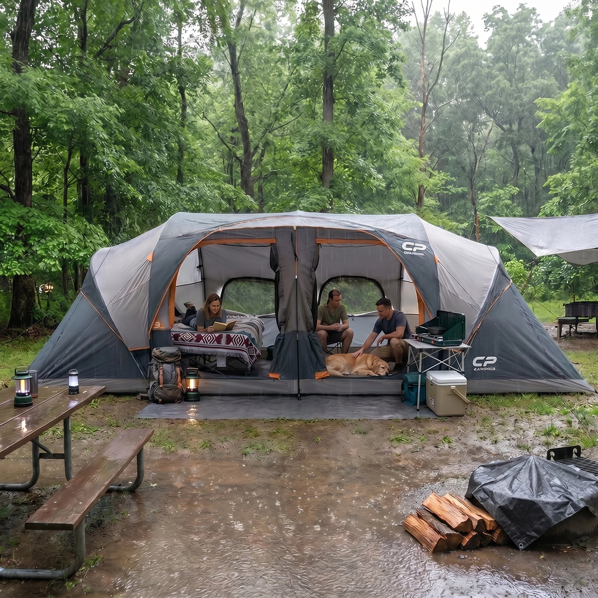 CAMPROS CP 12-Person Family Camping Tent | Large 3-Room Rainproof Tent