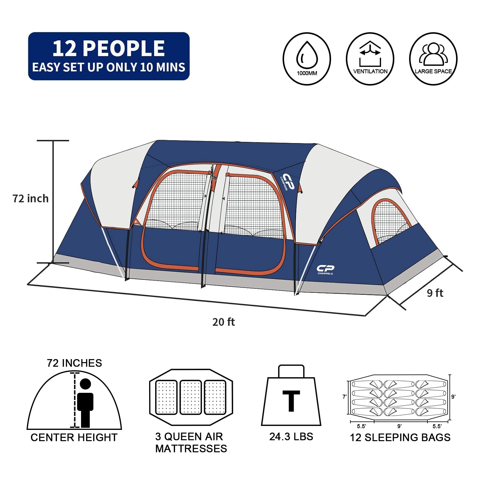 CAMPROS CP 12 - Person Family Tent with 3 Private Rooms | 20' x 9' x 72"H Large Camping Tent | Amazon Best Seller - CAMPROS CP