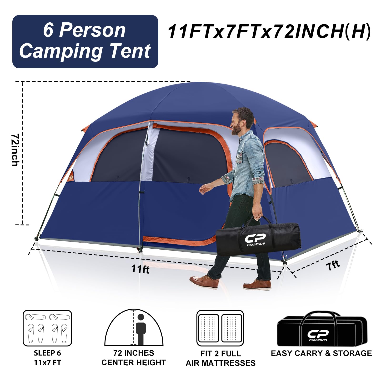 CAMPROS CP 6-Person Family Camping Tent | Rainproof Durable Dome Tent with Large Mesh Windows, 72in Center Height - Camping Tents - CAMPROS CP
