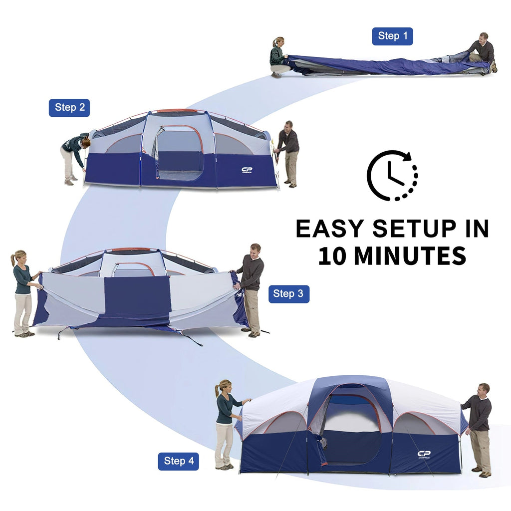 CAMPROS CP 8-Person Family Camping Tent | Rainproof Heavy Duty 2-Room Dome Tent, Easy 5-Min Setup - Camping Tents - CAMPROS CP