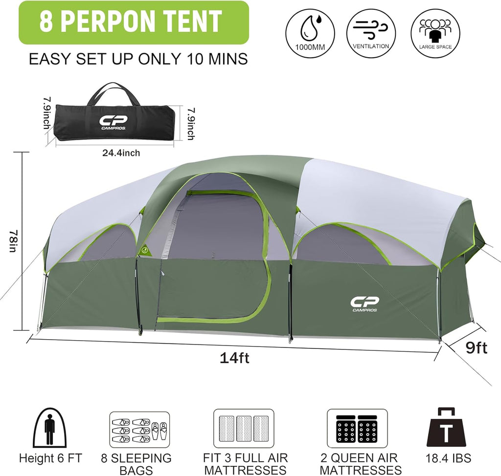 CAMPROS CP 8 - Person Family Tent: 5 - Minute Easy Setup, Weatherproof Cabin Tent with Room Divider - Camping Tents - CAMPROS CP