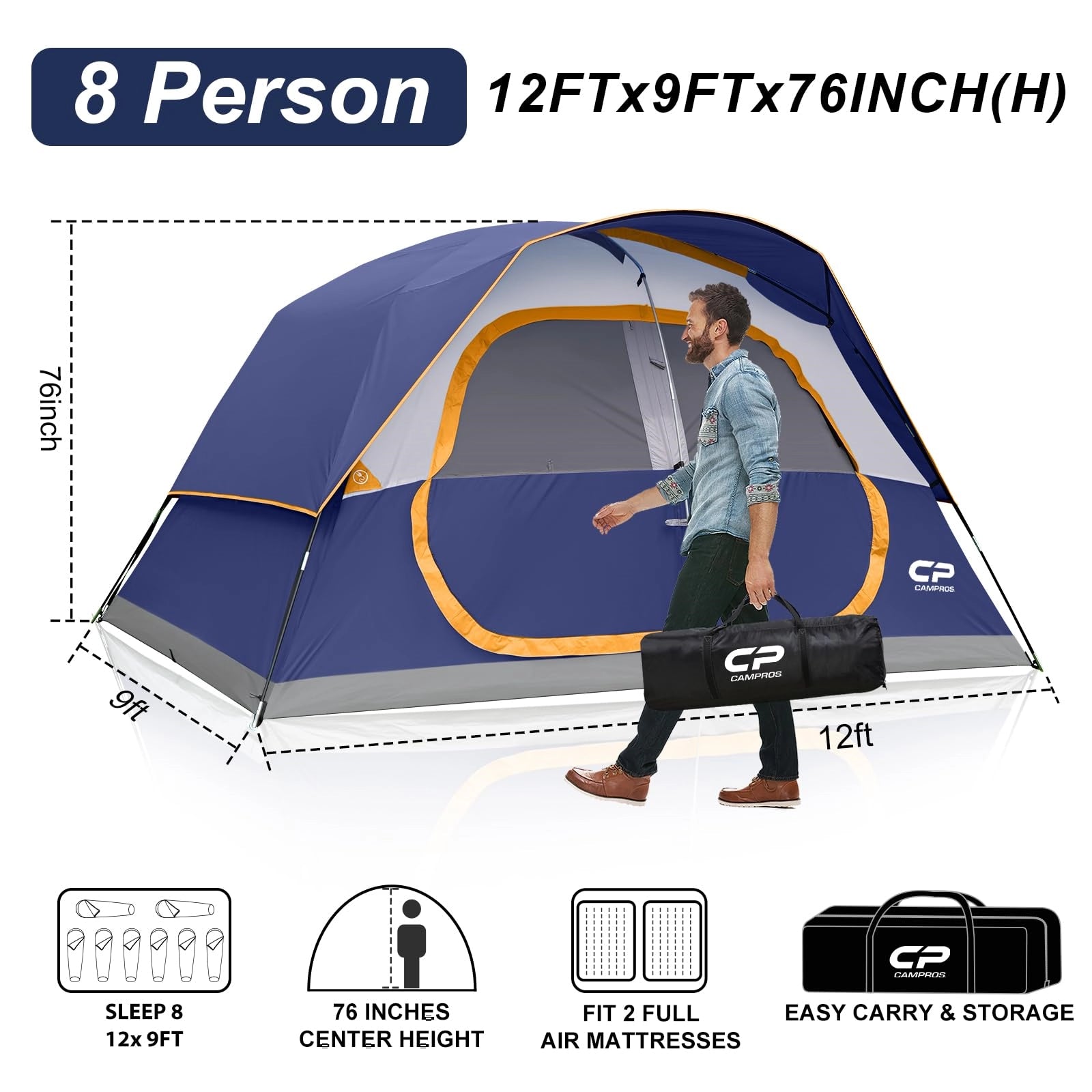 6/8 Person Family Camping Tent, Waterproof & Easy Setup Outdoor Dome Tent