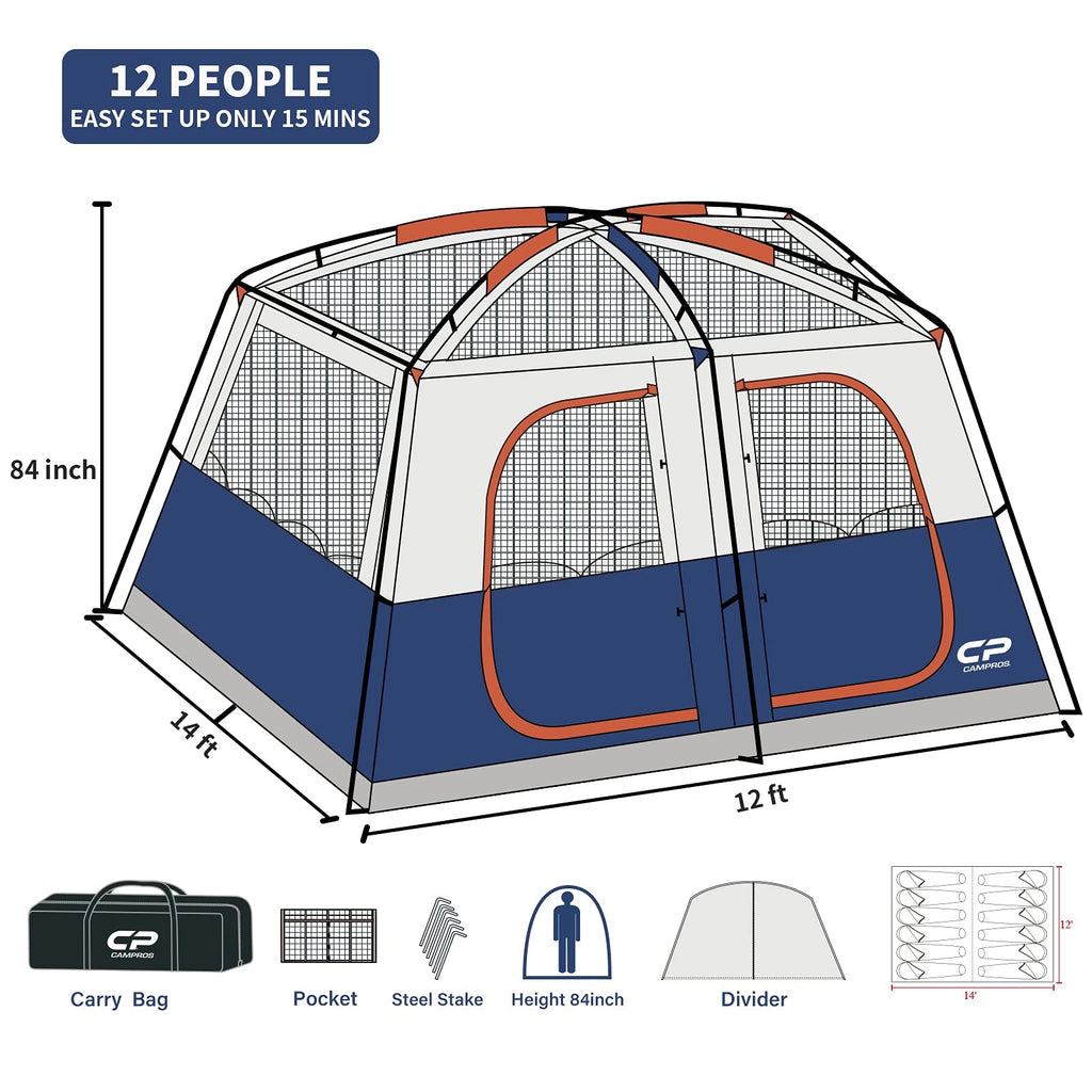 12 Person Extra Large Family Cabin Tent, Waterproof Windproof Easy Setup